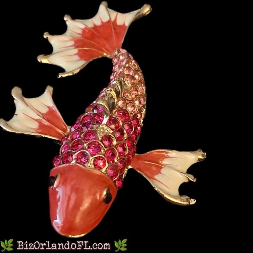 Koi Fish Brooch Pin / Pendant Combo Gold Tone Pink Red Rhinestone Crystal Enamel